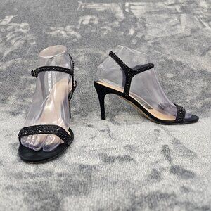 via Spiga shoes womens 7 high heel sandal strap black leather satin rhinestones